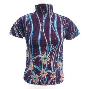 プリーツ カットソー Tシャツ ハイネック 半袖 花柄 フローラル 紫 パープル 水色 ライトブルー ピンク