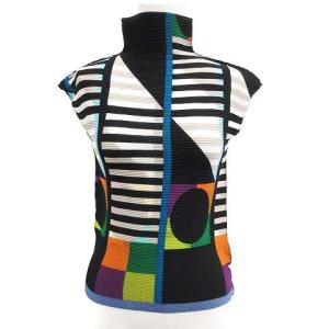 プリーツ カットソー Tシャツ ハイネック 総柄 黒 ブラック 白 ホワイト グレー 青 ブルー