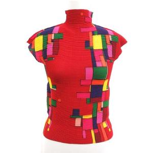 プリーツ カットソー Tシャツ ハイネック 半袖 総柄 赤 レッド 緑 グリーン ピンク