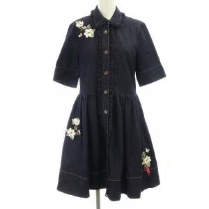 デニムワンピース 膝丈 フリル 刺繍 半袖 近年モデル 4 L 紺 ネイビー