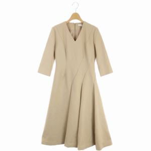 ワンピース ロング 七分袖 フレア Vネック 34 ベージュ