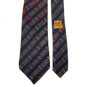 HERMES ネクタイ シルク レジメンタルストライプ 総柄 ネイビー