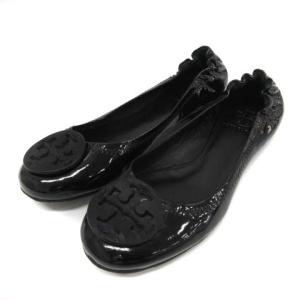 バレエシューズ フラットシューズ ギャザーシューズ ロゴ エナメル 7M 24cm 黒 ブラック