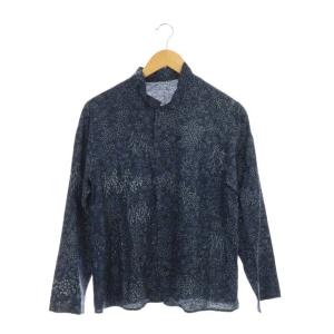 シャツ 総柄 シルク 長袖 M 紺 ネイビー