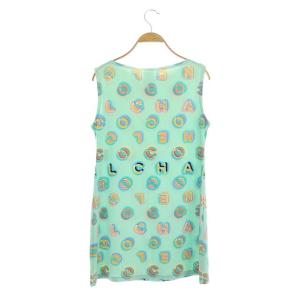 CHANEL チュニック ワンピース ミニ ノースリーブ ロゴ プリント 総柄 水色 ライトブルー