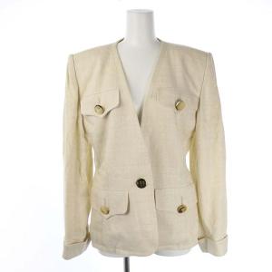 YVES SAINT LAURENT ヴィンテージ セットアップ 上下 ノーカラージャケット ダブル 金ボタン スカート ロング ミモレ タイト M ベージュ