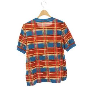 YVES SAINT LAURENT カットソー プルオーバー スクエアネック 半袖 チェック M 茶 青 ブラウン ブルー