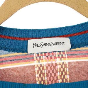 YVES SAINT LAURENT カットソー プルオーバー スクエアネック 半袖 チェック M 茶 青 ブラウン ブルー