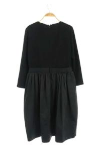 LANVIN COLLECTION ドッキングワンピース 切替 フレア ギャザー ミモレ丈 長袖 40 黒 ブラック