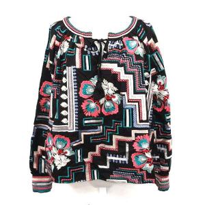 カットソー 総柄 刺繍 長袖 36 S 黒 ブラック マルチカラー