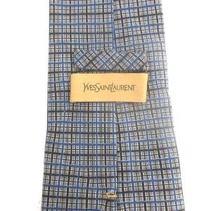 YVES SAINT LAURENT YSL ネクタイ カサンドラ ロゴ チェック シルク グレー