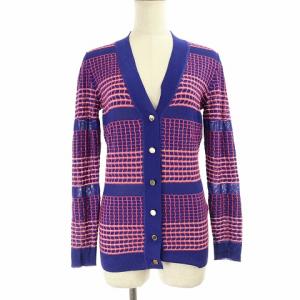 カーディガン ニット セーター 長袖 総柄 XS ブルー ピンク