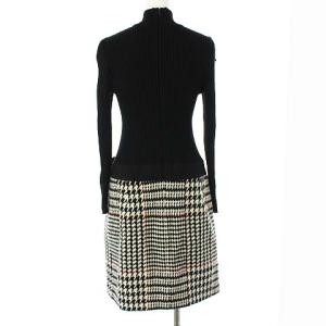 M'S GRACY 2017年製 ワンピース ひざ丈 ハイネック 長袖 ニット リブ編み 千鳥格子柄 リボン ウール 40 M 黒 ブラック 白