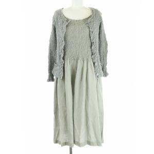 ワンピース カーディガン ノースリーブ 長袖 ロング ミモレ丈 プリーツ 切替 ドッキング シワ加工 グレー