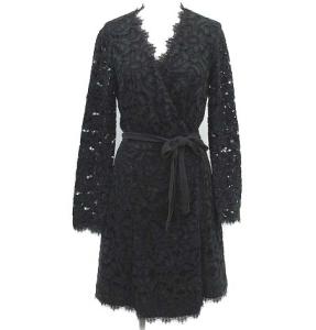 ラップワンピース ひざ丈 総レース 刺繍 長袖 M ネイビー 黒