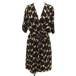 ワンピース ロング カシュクール プルオーバー 総柄 半袖 M ブラック ブラウン