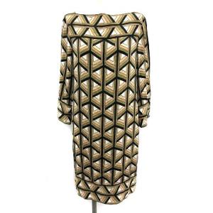 ワンピース ひざ丈 総柄 七分袖 シルク 0 S カーキ ベージュ