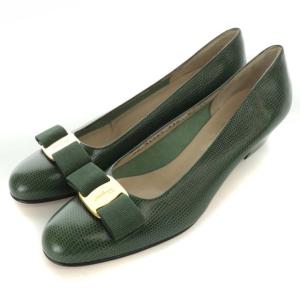 ヴァラ リザード型押しパンプス チャンキーヒール ラウンドトゥ リボン レザー 7 24.5cm 緑 グリーン