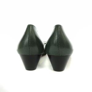 Salvatore Ferragamo ヴァラ リザード型押しパンプス チャンキーヒール ラウンドトゥ リボン レザー 7 24.5cm 緑 グリーン