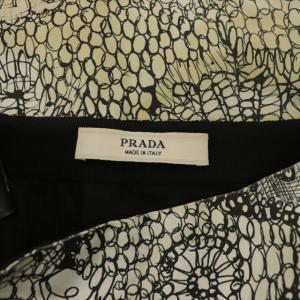 PRADA イタリア製 総柄プリント台形スカート ひざ丈 38 S シルク ベージュ ホワイト ブラック
