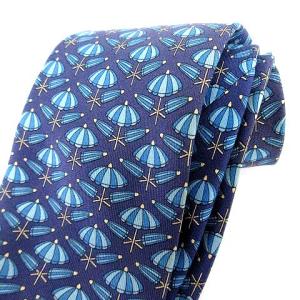 HERMES ネクタイ シルク パラソル 総柄 ブルー