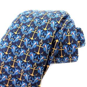HERMES ネクタイ シルク100％ 総柄 ネイビー ブルー
