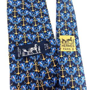 HERMES ネクタイ シルク100％ 総柄 ネイビー ブルー