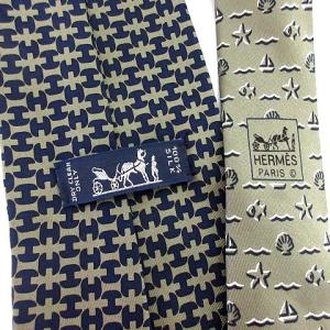 HERMES ネクタイ シルク100％ H ロゴ バイカラー マリン カーキ ネイビー
