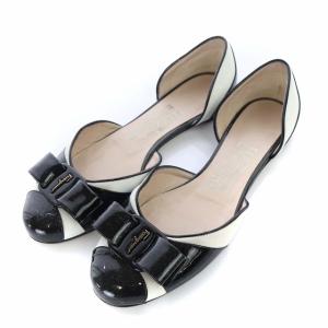 パンプス フラット ヴァラ リボン エナメル レザー 5 22.5cm ブラック ホワイト