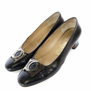 2連ガンチーニ パンプス チャンキーヒール レザー 7C 24.5cm ブラック