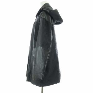 FENDI レザー 切替 ズッカ柄 ステンカラーコート 中綿ロング フード 38 ブラック