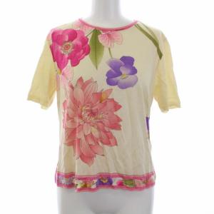 FASHION カットソー 半袖 ニット切替 花柄 L ベージュ