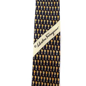 Salvatore Ferragamo イタリア製 ネクタイ 犬柄 総柄 シルク ネイビー ベージュ