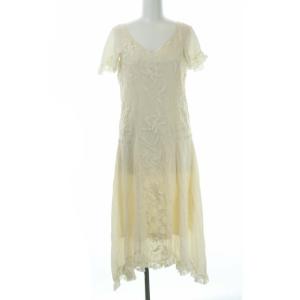 半袖 レース ワンピース ロング ミモレ丈 刺繍 Vネック フリル 36 ベージュ