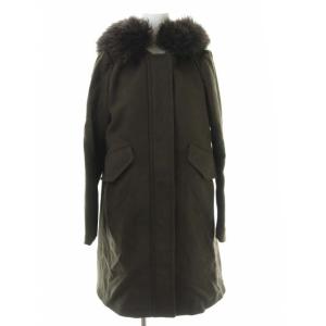 ノーカラーコート ロング フード 比翼 ボアファー ウール 36 S カーキ