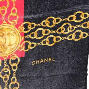CHANEL スカーフ ココマーク チェーン 総柄 ブラック レッド
