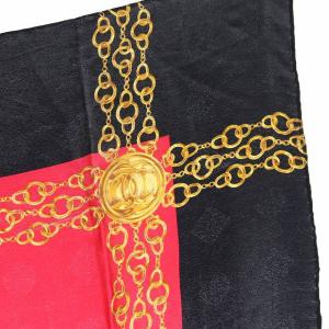 CHANEL スカーフ ココマーク チェーン 総柄 ブラック レッド