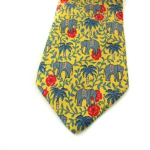 HERMES ネクタイ シルク フランス製 像 総柄 イエロー ブルー