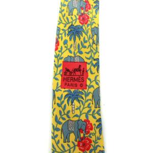 HERMES ネクタイ シルク フランス製 像 総柄 イエロー ブルー