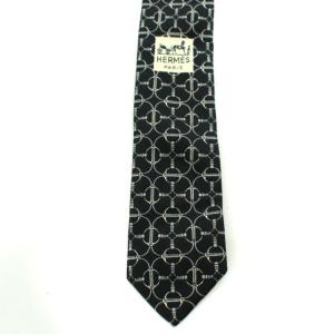 HERMES ネクタイ シルク フランス製 総柄 ブラック グレー