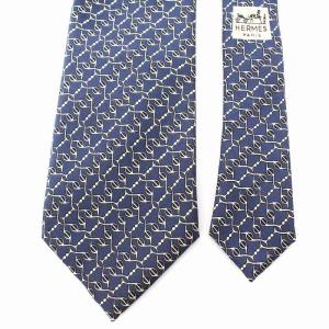 HERMES ネクタイ レギュラータイ 総柄 シルク フランス製 ネイビー