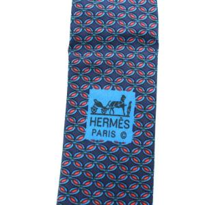 HERMES ネクタイ フランス製 総柄 シルク ネイビー レッド