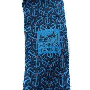 HERMES ネクタイ フランス製 総柄 シルク ブルー ネイビー