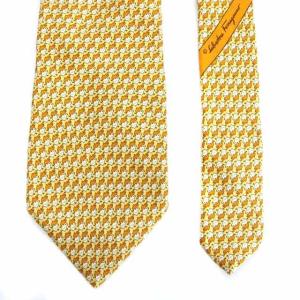 Salvatore Ferragamo ネクタイ レギュラータイ 総柄 鳥 シルク イエロー
