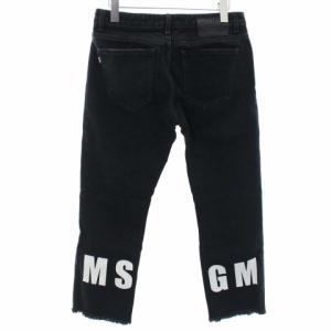 MSGM デニムパンツ ジーンズ クロップド ジップフライ カットオフ フリンジ ロゴプリント 40 ブラック