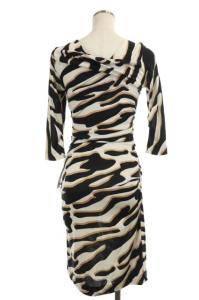 DIANE von FURSTENBERG ワンピース ひざ丈 タイト 総柄 七分袖 2 ベージュ ブラック