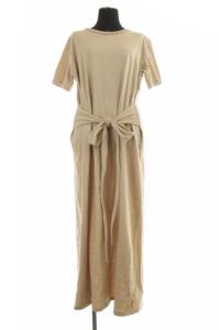 ワンピース 半袖 ストレート ロング ウエストリボン クルーネック S ベージュ