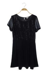ワンピース 半袖 ひざ丈 ギャザー スパンコール レーススリーブ 3 ブラック