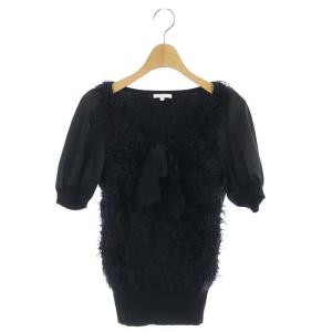 カットソー シャギーニット 切替 半袖 リボン 2 ブラック