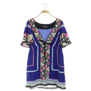 ブラウス チュニック 半袖 Vネック 五分袖 総柄 36 ブルー